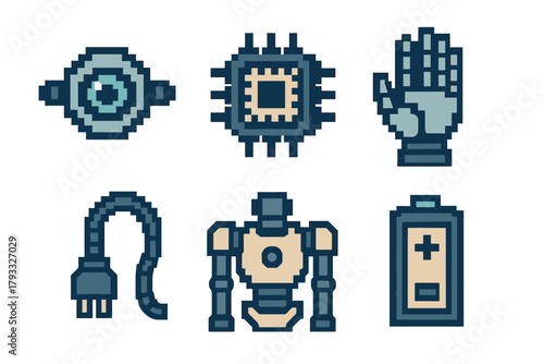 Six pixel art icons showing a single eye, a microchip, a robotic hand, a power cord, a humanoid robot, and a battery, symbolizing technology and robotics.