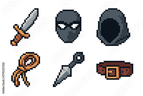 Pixel art collection showing six items related to stealth and adventure, including a dagger, mask, hood, rope, kunai, and belt.