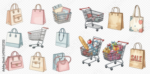 Watercolor illustration set of various shopping items including paper bags, tote bags, fashion handbags, and shopping carts, some filled with groceries and gifts.
