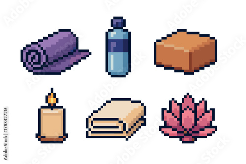 Pixel art icons depicting a rolled yoga mat, water bottle, yoga block, candle, folded towel, and lotus flower, representing wellness and relaxation themes.