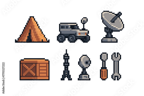 Pixel art collection depicting a brown camping tent, a satellite dish, a gray rover, a wooden crate, a communications tower, and tools including a screwdriver and wrench.