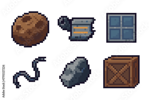 Collection of six pixel art objects including an asteroid, metal coil, stone, wooden crate, scroll, and blue tile.