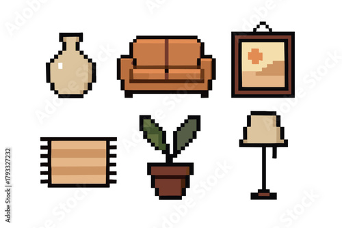 A collection of pixel art home decor elements featuring a vase, an orange sofa, a framed picture, a beige rug, a potted plant, and a floor lamp.