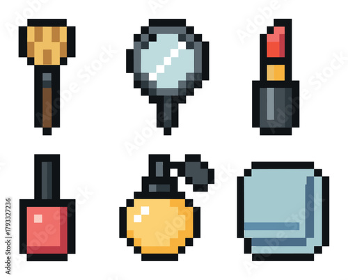 Set of pixel art cosmetics including a makeup brush, mirror, lipstick, nail polish, perfume bottle, and cloth on a white background.