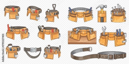 A collection of watercolor illustrations depicting various types of tool belts and pouches, some filled with construction and repair tools like hammers, wrenches, and nails.