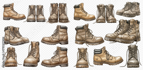 Collection of various views of rugged, light brown work boots with laces, showing different angles and wear.