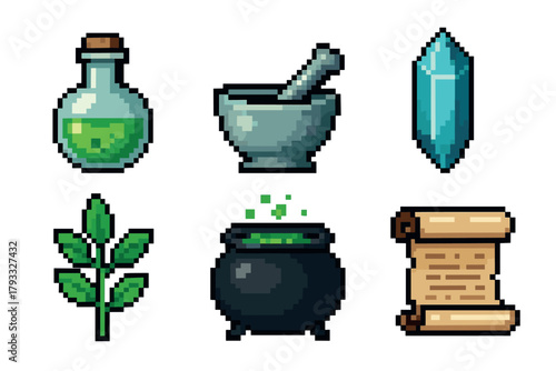 Retro pixel art collection featuring a potion bottle, mortar and pestle, blue crystal, green plant, bubbling cauldron, and a scroll on a plain background.