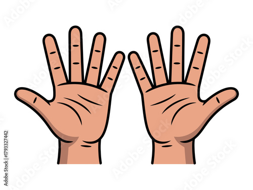 Two cartoon hands are open with fingers spread wide, displaying ten fingers.