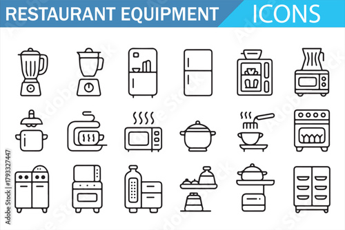 Linear culinary equipment icons for professional kitchen branding
