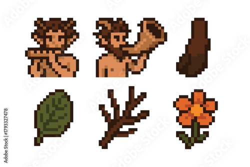 Pixel art depicting male satyrs playing instruments, accompanied by detailed representations of a leaf, branch, and flower.