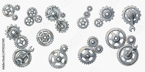 Set of realistic detailed metal gears and mechanical parts with wrenches, isolated on transparent background.