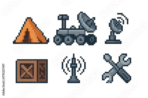 Pixel art set featuring a camping tent, space rover, satellite dish, wooden crate, radio tower, and crossed tools, all in a retro video game style.