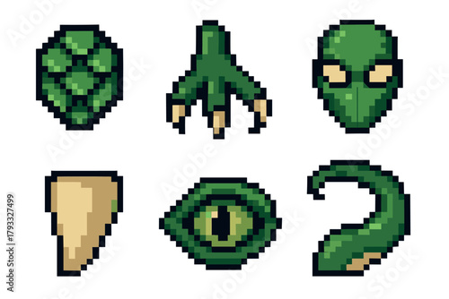 Six pixel art icons depicting various reptilian features, including a scale pattern, clawed foot, face, tooth, eye, and tail.