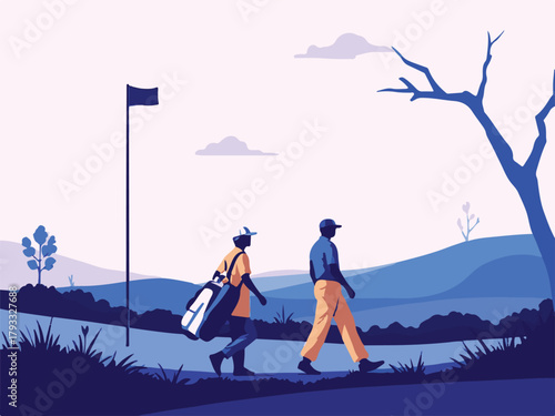 Golfer with caddie walking on golf course vector illustration