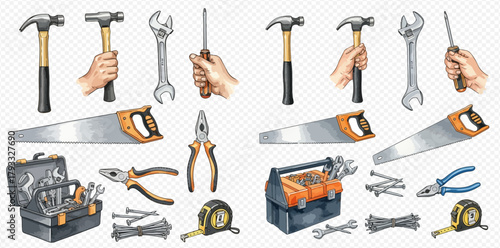 A collection of essential hand tools including hammers, saws, wrenches, screwdrivers, pliers, and tape measures, with some tools being held by hands, all set against a transparent background.