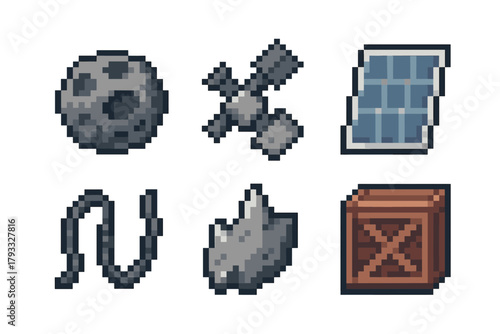 Pixel art style depiction of a moon, satellite, solar panel, rope, asteroid, and crate, featuring a retro, blocky design.