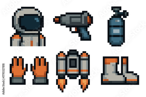 Pixel art icons depicting a space suit with a helmet, a ray gun, an oxygen tank, gloves, a jetpack, and boots for a sci-fi themed game.