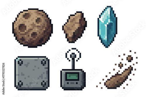 Collection of six pixel art space-themed objects including asteroids, crystal, metal plate, control device, and debris displayed in a retro gaming style.