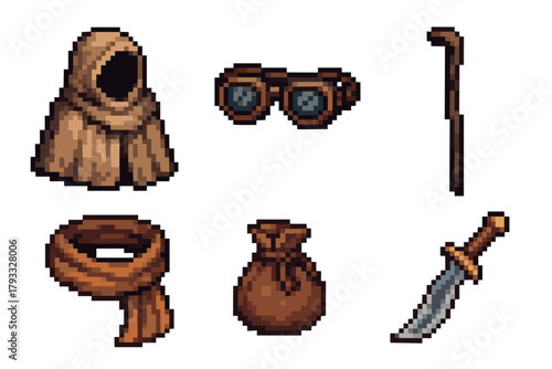 Pixel art illustrations of a hooded cloak, binoculars, walking stick, scarf, drawstring pouch, and a combat knife with a wooden handle.