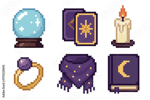 Pixel art icons featuring a crystal ball, tarot cards, a lit candle, a ring, a scarf, and a book with a crescent moon, symbolizing mystical and magical themes.