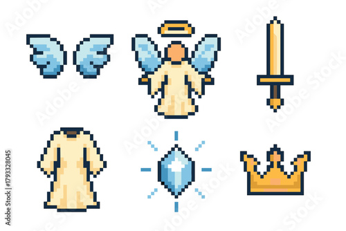 Pixel art set featuring an angel with wings and halo, a golden sword, a robe, a crystal, and a crown, all depicted in a retro gaming style.