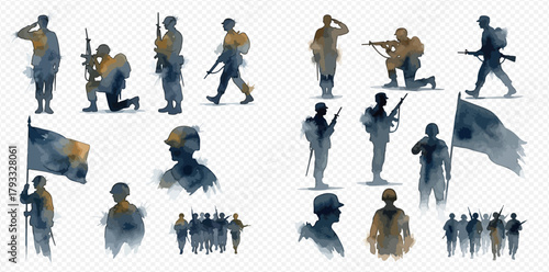Watercolor silhouettes of soldiers in various military poses and formations, including saluting, marching, and holding flags.