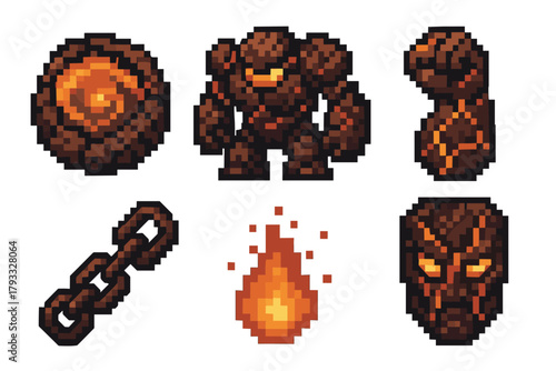 Set of pixel art icons depicting a fiery-themed rock monster, a blazing flame, a chain, a stone fist, a swirling rock, and a menacing mask.