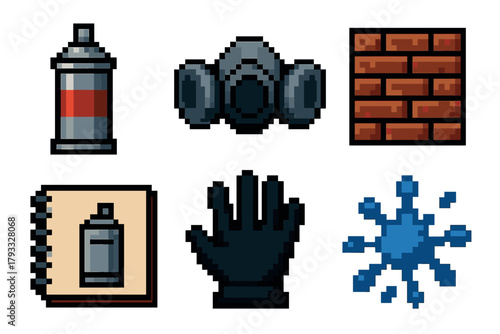 Six pixel art style icons featuring a spray paint can, gas mask, brick wall, notebook, glove, and blue paint splatter.