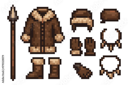 Pixel art winter outfit set with coat, hat, gloves, boots, spear, and traditional accessories displayed in a simple grid layout.