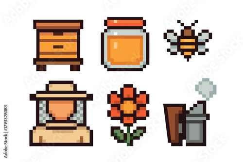Pixel art collection featuring a beehive, honey jar, bee, beekeeper, flower, and smoker in a retro 8-bit style.
