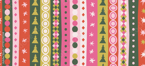 Striped rustic Christmas decorative wrapping paper and textile Seamless patterns. Hand drawn quirky doodle ornament with stripes decorated with dots, firs, stars shapes design for new year. Vector