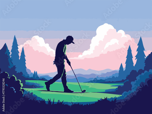 Golfer silhouette walking on scenic golf course vector illustration