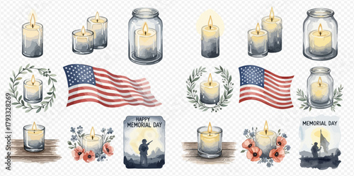 Watercolor illustrations for Memorial Day featuring candles, American flags, and patriotic designs.