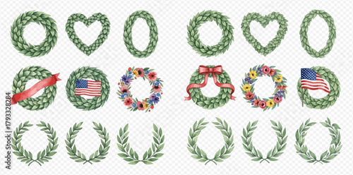 Watercolor collection of green wreaths and laurel branches in various shapes and styles, including floral, patriotic, and decorative designs.