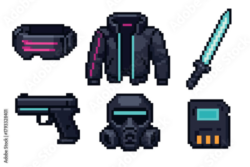 Pixel art illustrations of cyberpunk-themed items including vr headset, black jacket, sword, handgun, gas mask, and memory card.
