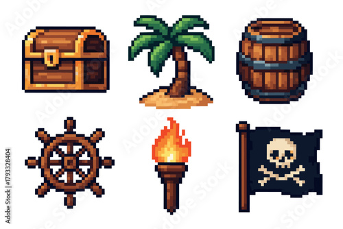 A collection of pixel art icons featuring a treasure chest, palm tree, barrel, ship's wheel, torch, and pirate flag with skull and crossbones.