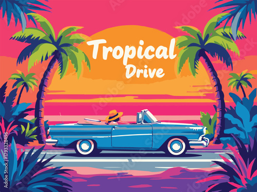 Tropical drive retro sunset car illustration