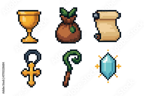 Pixel art icons featuring a golden chalice, a brown sack with leaves, a rolled parchment, a cross amulet, a decorative staff, and a sparkling crystal.