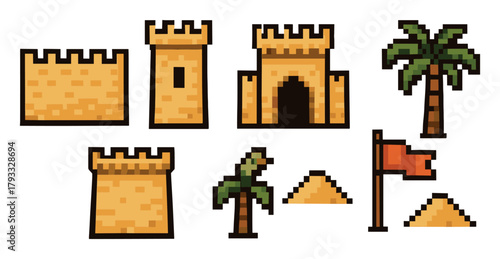 Pixel art collection depicting medieval fortress walls, towers, palm trees, sand dunes, and a red flag for video game design.