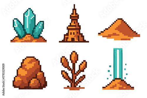 Six pixel-art-style icons depicting a crystal cluster, a tower, a sandpile, a rock formation, a plant, and a geyser against a plain backdrop.
