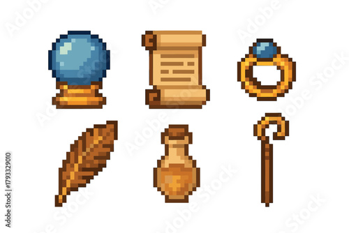 A collection of pixel art items featuring a crystal ball, a scroll, a ring with a blue gem, a quill, a potion bottle, and a staff on a white background.