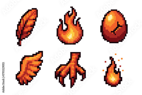 Six orange pixel art elements featuring a feather, flame, cracked egg, wing, claw, and small fire with distinct shading and pixelated outlines.