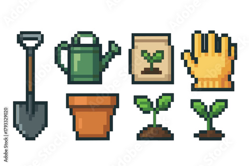 Pixel art gardening icons featuring a shovel, watering can, seedling packet, gardening glove, flower pot, and young plants, arranged neatly.