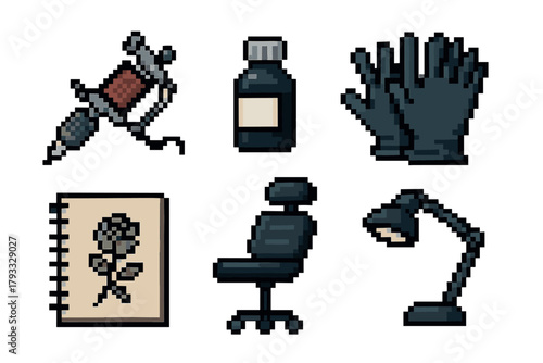 Pixel art icons depicting tattoo equipment, including a tattoo machine, ink bottle, gloves, sketchbook with a flower, adjustable chair, and desk lamp.