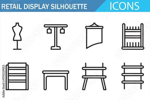 Minimal outline icons for retail shelving, tables, and stands