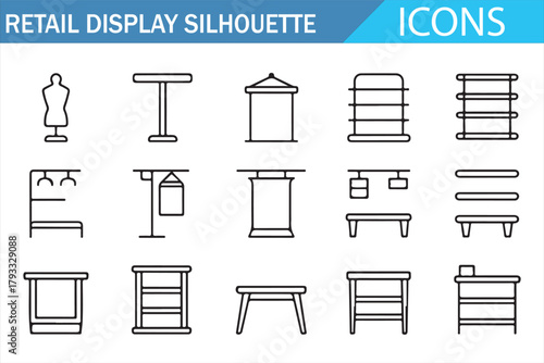 Retail display silhouette outline icon set in clean editable stroke style featuring mannequins, racks, shelves, stands, tables, hangers, and store fixtures for shop layout, merchandising, and retail d