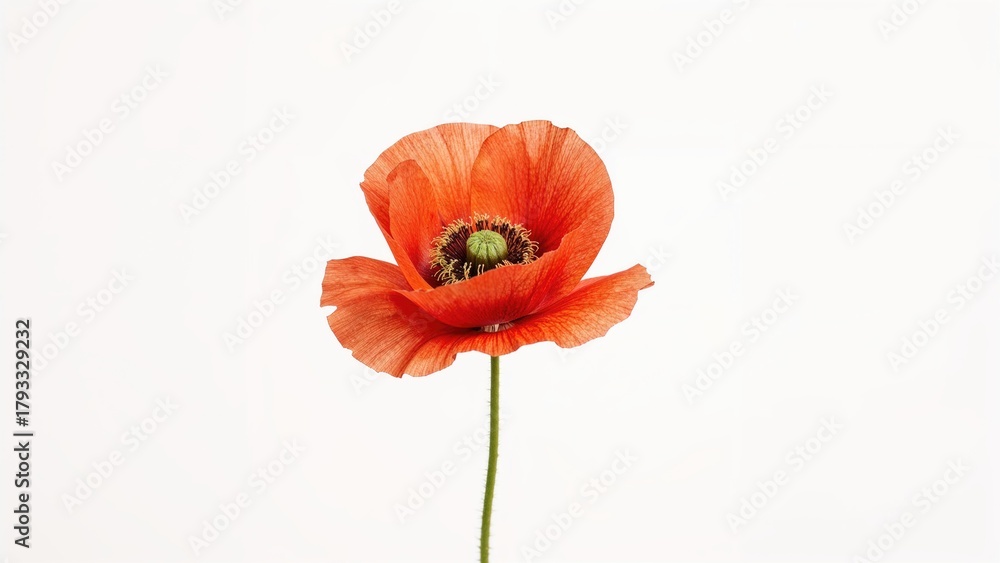 Obraz premium Single red poppy flower on white background. Nature and floral concept. Botany and plant life. The beauty of flowers.