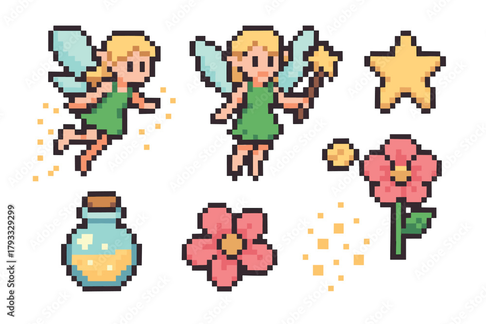 Fototapeta premium Pixel art illustration of a fairy with a magic wand, surrounded by stars and flowers, along with a small potion bottle, showcasing a whimsical fantasy theme.