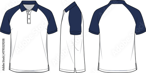 Short sleeve polo shirt, technical fashion sketch, front side back view, white and navy design, apparel template, garment illustration, vector