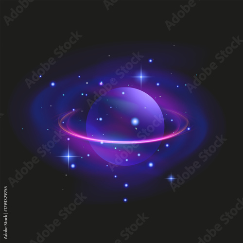 Glowing Purple Planet with Rings in Cosmic Space Neon planet with glowing rings